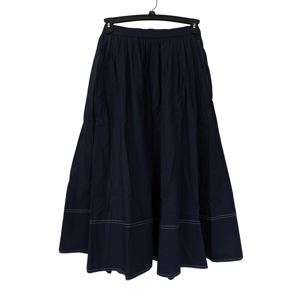 J. Crew Contrast Stitch Midi Skirt in Cotton Poplin Size 4 Navy NWOT $128 CI647